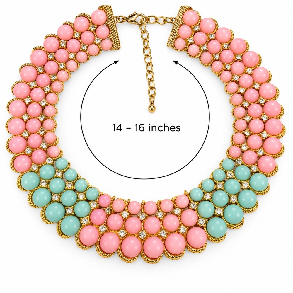 IMAN Global Chic Bib Necklace Pink Turquoise Rhinestone Gold Tone Statement